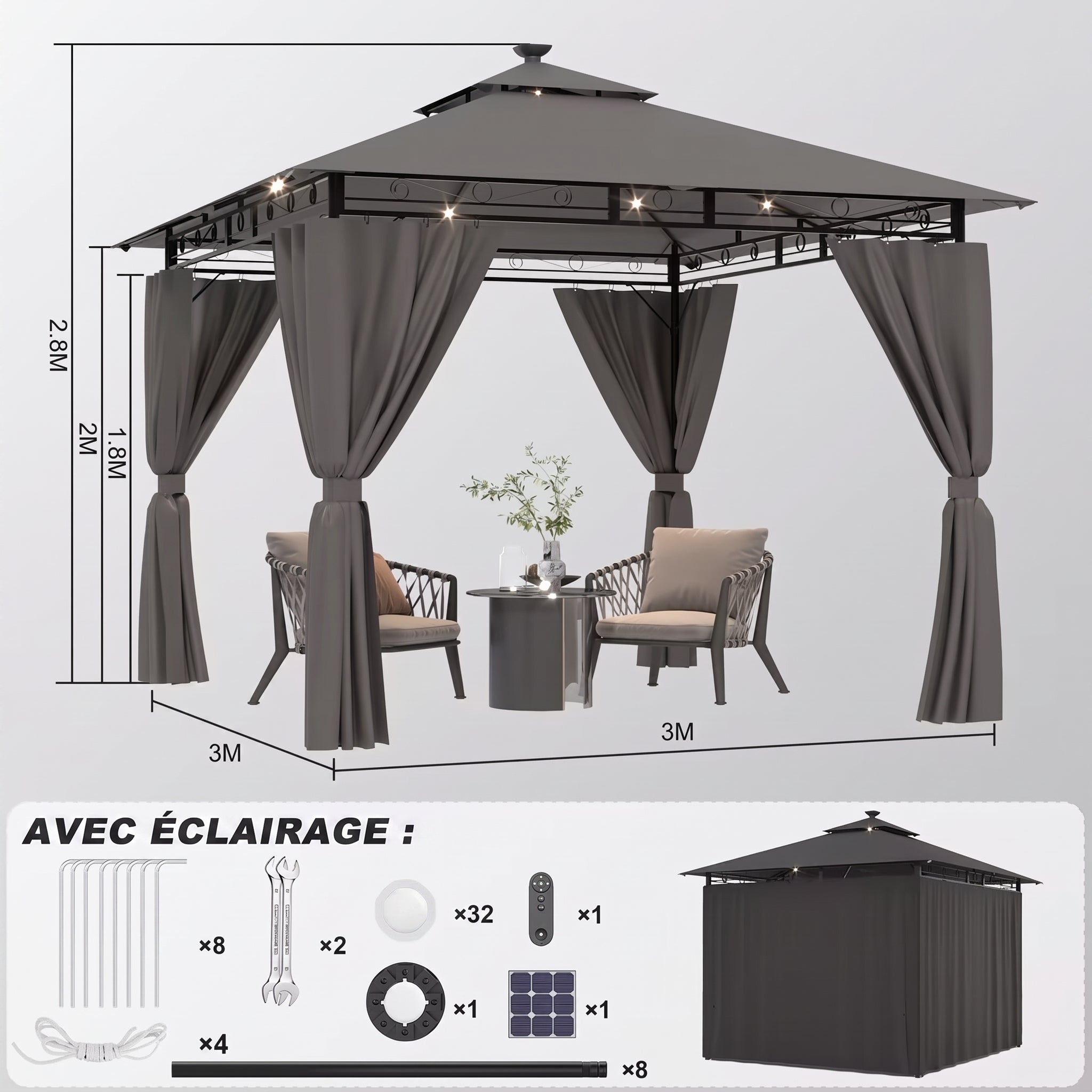 Pergola 3x3m Structure Acier Renforcé Rideaux Zippés