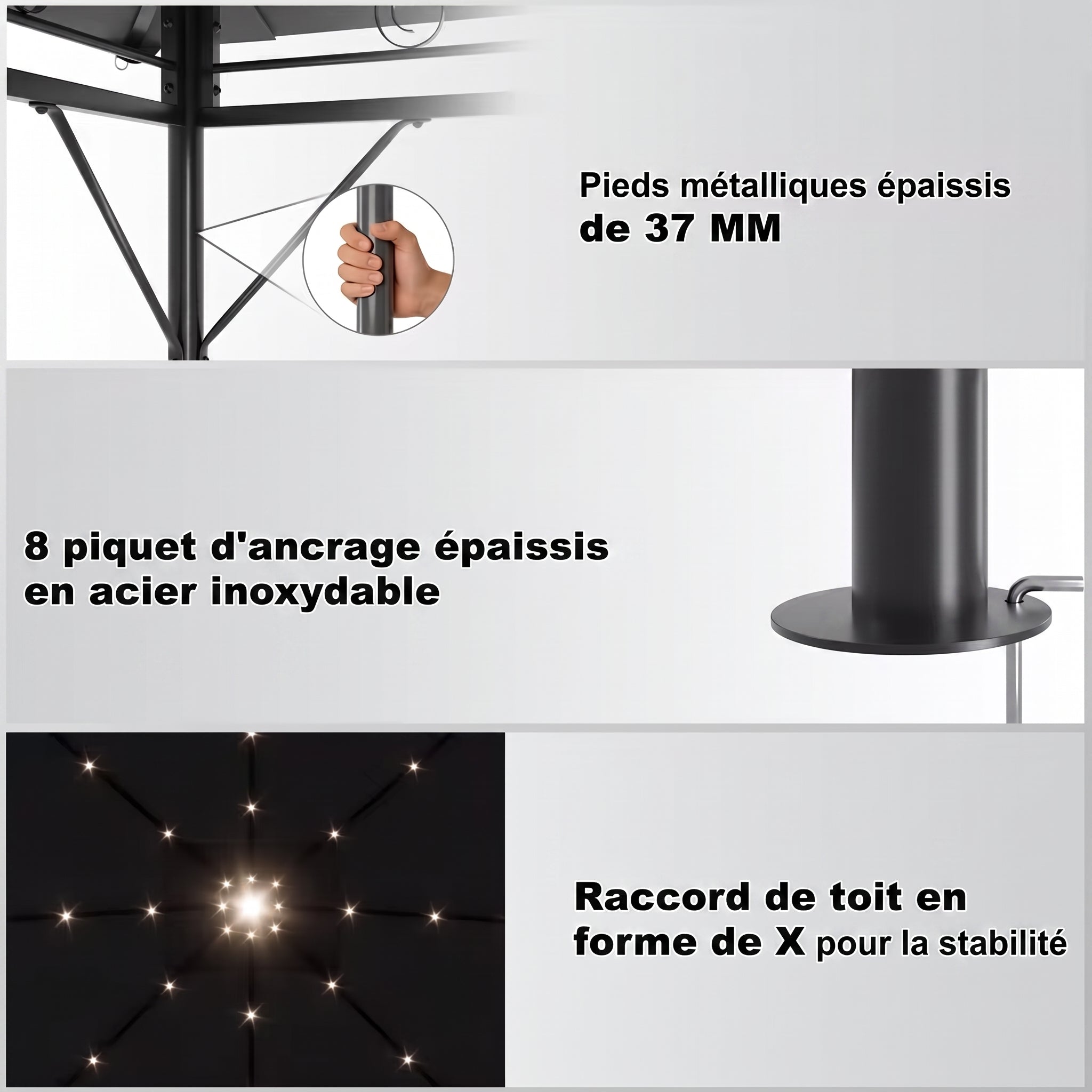 Pergola 3x3m Structure Acier Renforcé Rideaux Zippés